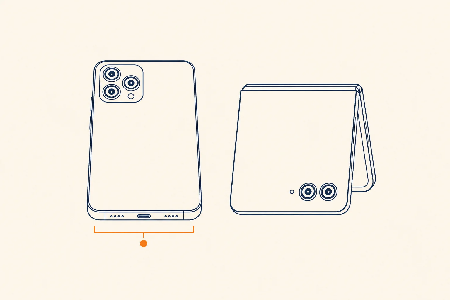 背面のレンズが3つある従来型のスマートフォンと、レンズが2つの折りたたみ端末を並べたイラスト