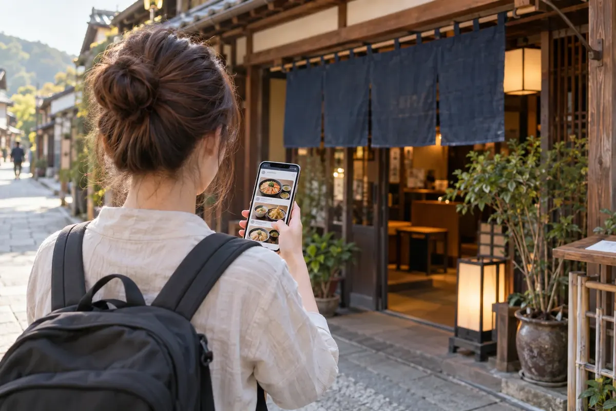 のれんのかかったお店の前で、スマホでメニューを見る旅行者（イメージ）